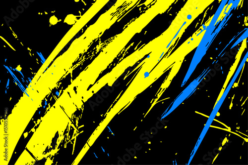 Dynamic abstract vector art with bold yellow and blue paint strokes, splatters, and drips on a stark black background. Energetic, urban, grunge style with high contrast and expressive movement.