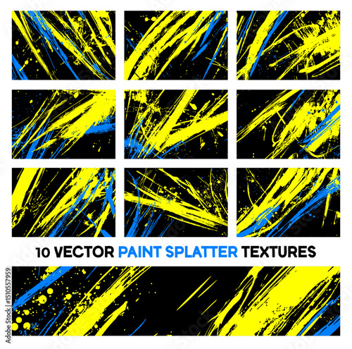 Set of 10 vector paint splatter textures featuring vibrant yellow and electric blue strokes on a black background. Energetic, abstract grunge designs for high-impact modern projects.