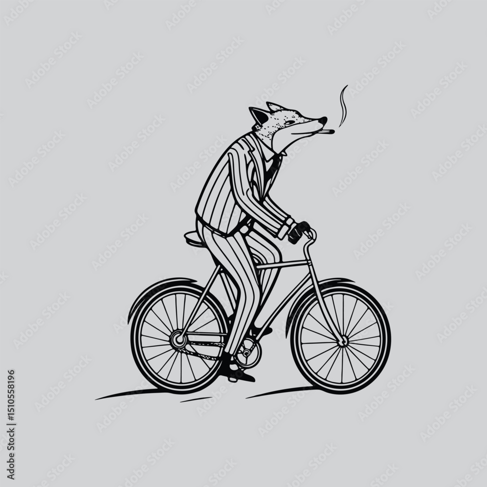 Obraz premium Black and White Fox Biker Illustration