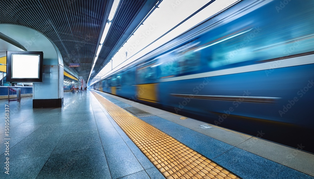 Fototapeta premium a dynamic subway scene featuring an abstract motion blur of a train passing by a station platform with an empty advertising space