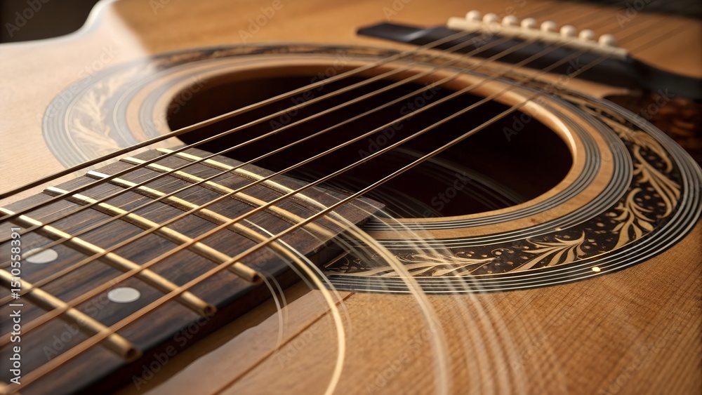 Obraz premium Acoustic Guitar Close-up: A detailed, warm-toned close-up showcases the intricate design of an acoustic guitar, from the polished wood to the strings.