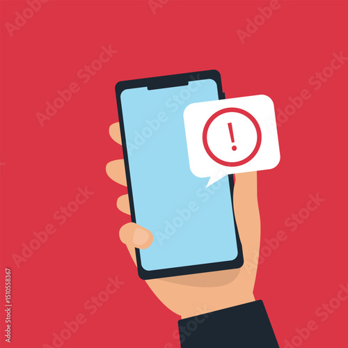 Hand holding smartphone with alert notifications on smartphone screen, Spam message sign. vector illustration...
