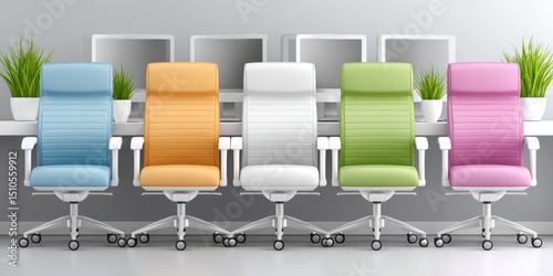 a realistic photo of a modern office with colorful ergonomic chairs around a table