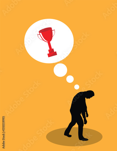 Sad Desperate Man Thinking of Being a Winner Silhouette. Person dreaming about getting a winning cup