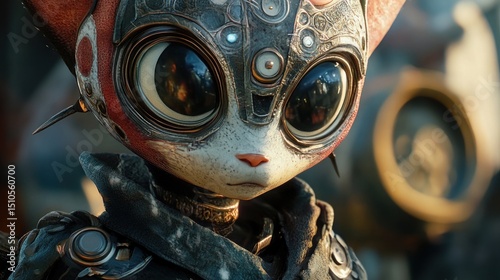 Close-up of a futuristic feline character, with large, reflective eyes and intricate mechanical details.  The character's face is expressive, and its attire suggests a unique aesthetic