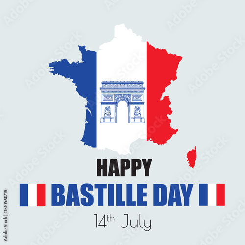 Bastille day with the French national flag and triumphal arch on french map. This design is perfect for celebrating Bastille Day (14th July), French pride, national unity, and cultural identity.