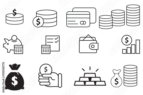 Payment line icons set. Cash money, coins in hand, credit card, wallet, bank check, cashless pay, receipt, contactless purchase vector illustration. Outline signs for finance app. Editable Stroke