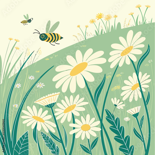 Seamless daisy meadow with bees in bright sunlight