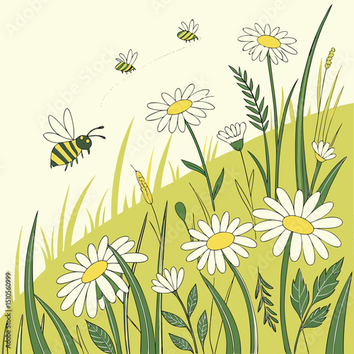 Seamless daisy meadow with bees in bright sunlight