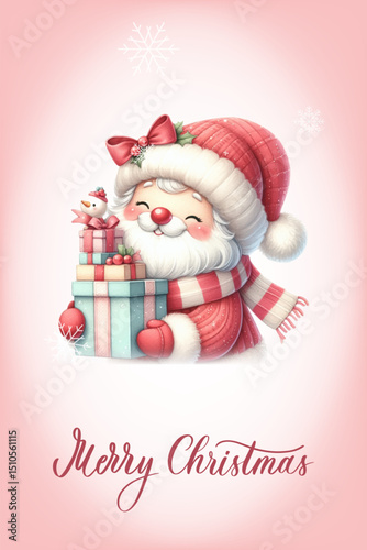 Santa with a happy expression, rosy cheeks, red nose and knitted red and white striped scarf. Greeting card with calligraphy inscription Merry Christmas.
