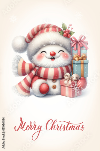 Santa with a happy expression, rosy cheeks, red nose and knitted red and white striped scarf. Greeting card with calligraphy inscription Merry Christmas.