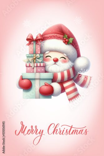 Santa with a happy expression, rosy cheeks, red nose and knitted red and white striped scarf. Greeting card with calligraphy inscription Merry Christmas.