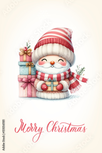 Santa with a happy expression, rosy cheeks, red nose and knitted red and white striped scarf. Greeting card with calligraphy inscription Merry Christmas.