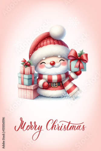 Santa with a happy expression, rosy cheeks, red nose and knitted red and white striped scarf. Greeting card with calligraphy inscription Merry Christmas.