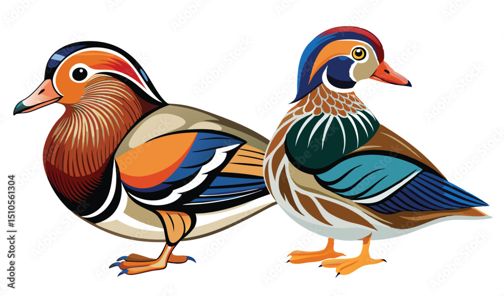 Obraz premium Male and female mandarin ducks illustration