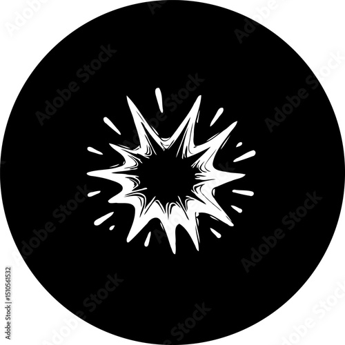 Stylized burst illustration set against a solid black circle background