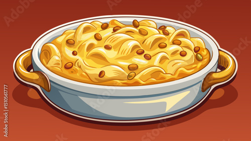 creamy, baked macaroni and cheese served in a white dish, golden and bubbling, inviting comfort and warmth, perfect for family meals or gatherings, symbolizing home-cooked joy and tradition