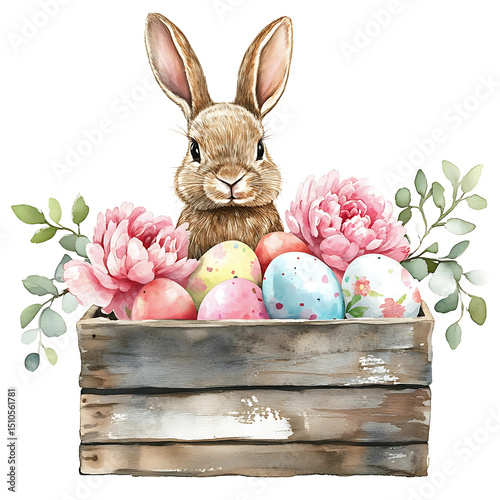 Cute Bunny with Easter Egg Peonies in Wooden Box Isolated PNG