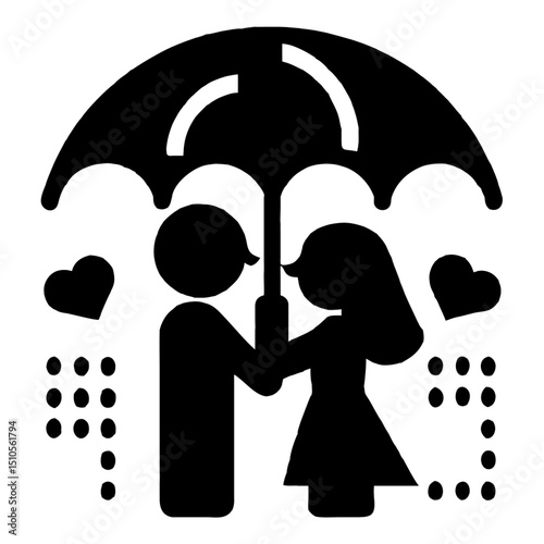 Couple kissing under umbrella with frozen rain droplets in monochrome