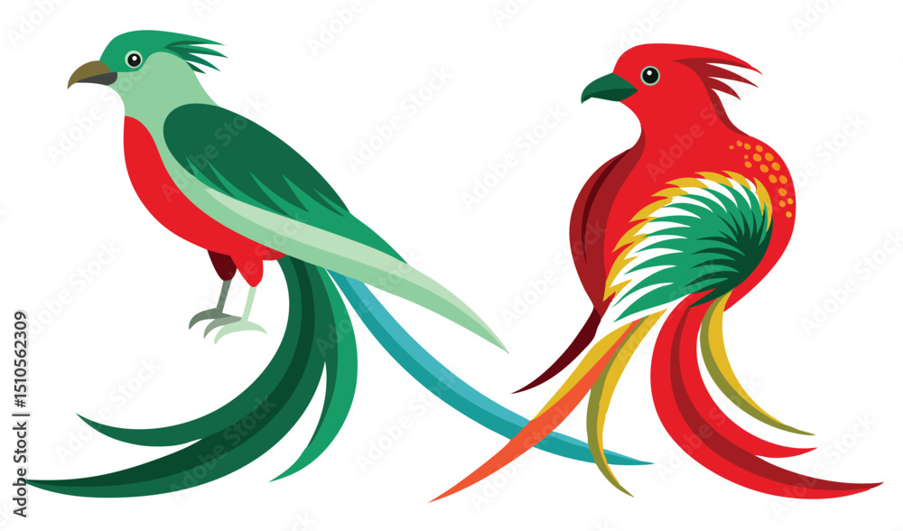 Obraz premium Two vibrant stylized birds with long tails