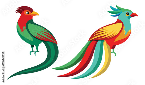 Two colorful stylized birds tropical design illustration