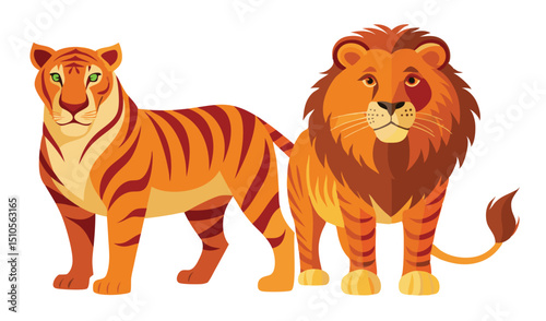 Majestic Wild: A tiger and lion, represented in an illustration style, stand proudly, showcasing the power and beauty of the wild.