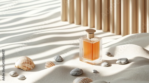 high-resolution render of a matte glass fragrance bottle in beige tones resting on fine white sand, harsh diagonal lighting from afternoon sun, minimal composition with smooth grey pebbles and