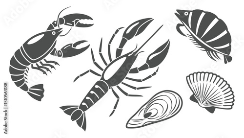 Stylized Seafood Vector Illustration Featuring Lobster Shrimp Prawn Mussel and Scallop on White