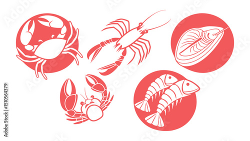 Seafood Icons Collection in Red and White Crab Lobster Shrimp Fish and Mussel
