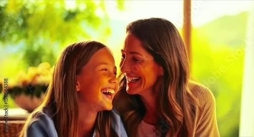 Happy Mother daughter hugging and laughing together. Mother child love and affection. Parent with little girl sitting, cuddling and smiling. Positive family relationship and environment indoor home.