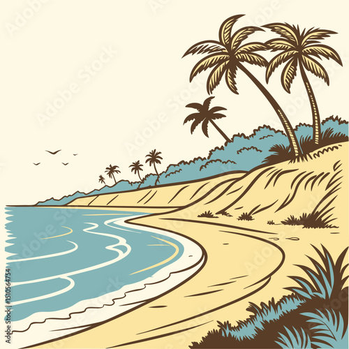 Vintage Style Tropical Beach Scene with Palm Trees and Ocean Waves Illustration