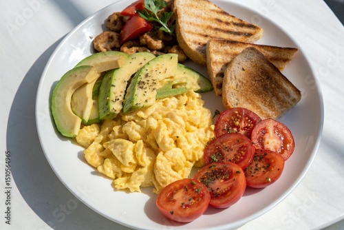 Morning meal of scrambled eggs paired with seasoned sausage, sliced avocado, toast triangles, and tomato halves