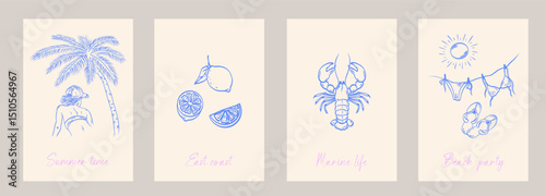 Set of trendy summer vacation hand drawn vector illustrations in sketch doodle elements. Vector drawings palm tree, lemon, girl, bikini, lobster for  cards, poster, print, wedding.