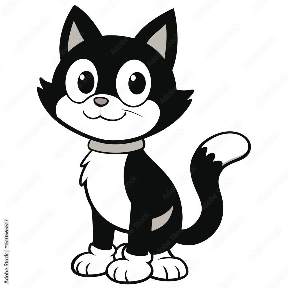 Obraz premium Cartoon black and white kitten with big eyes, playful illustration