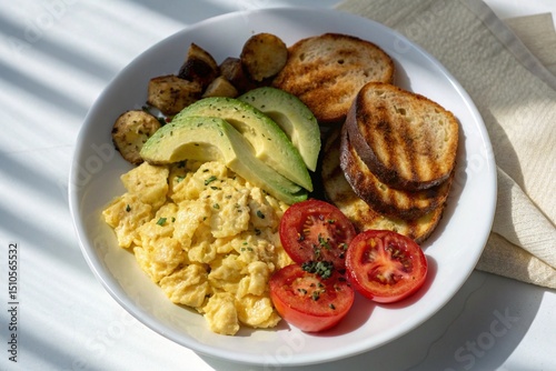 Delicious and balanced breakfast featuring scrambled eggs, juicy tomatoes, sausage medallions, and creamy avocado