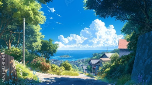 夏の青空と海の見える坂道 – 日本の田舎風景