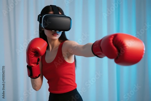 VR Boxing Experience A woman wearing VR headset and boxing gloves in red tank top practicing punches