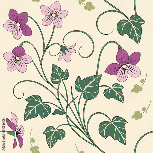 Seamless floral pattern with dainty violets and ivy leaves