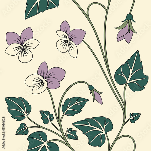 Seamless floral pattern with dainty violets and ivy