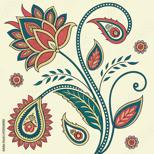 Seamless indian paisley floral pattern with vibrant colors