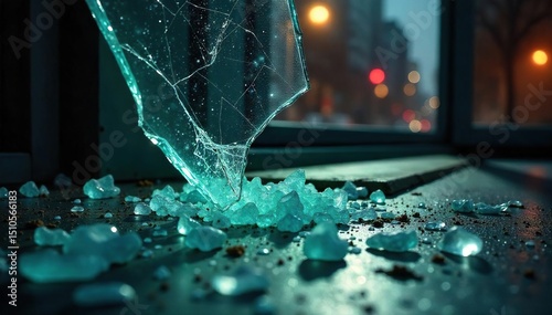 Close-up view of a shattered window, shards of glass scattered on the ground, symbolic of the aftermath of a violent crime , chaos, broken pane