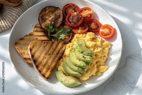 Hearty breakfast plate with fluffy scrambled eggs, sliced avocado, grilled toast, sausage, and tomatoes