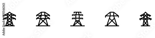 Transmission tower icon set, Electric pole icon, High voltage electricity distribution grid pylons. High electric cable tower icon. Electrical energy tower icon. Vector illustration. 