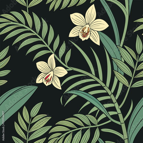Seamless vivid green jungle orchid pattern