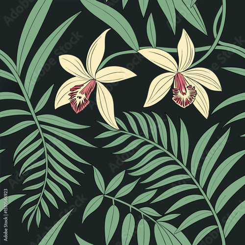 Seamless vivid green jungle orchid pattern