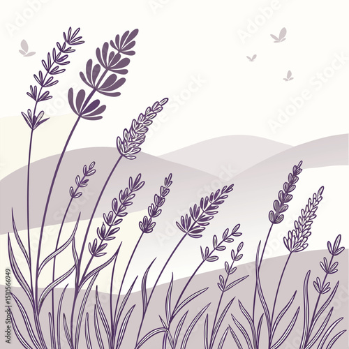 Seamless lavender field illustration with scattered flowers