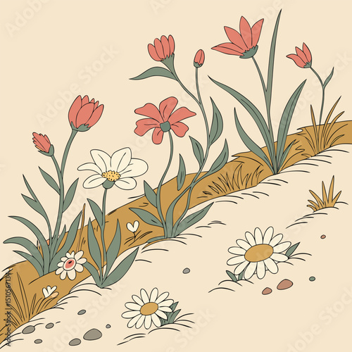 Seamless floral meadow floor pattern with scattered blossoms