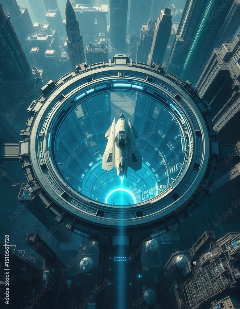 Fototapeta premium Futuristic Spaceship Ascending Through City Portal, Sci-Fi Scene