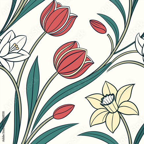 Seamless spring floral pattern stylized tulips and daffodils