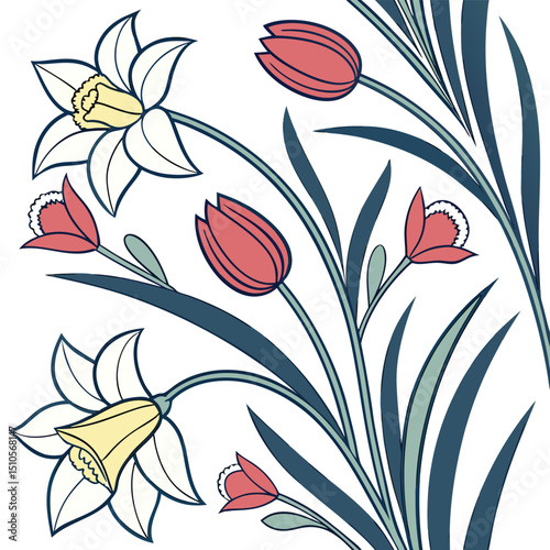 Seamless spring floral pattern stylized tulips and daffodils